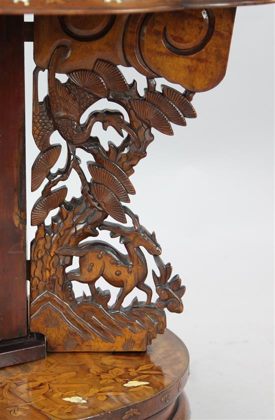 A Chinese ivory inlaid pen-work hardwood centre table, late 19th century, width 90cm, splits